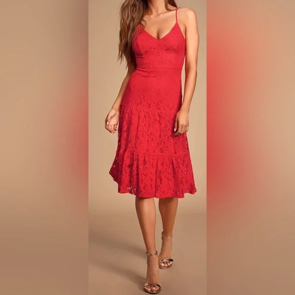 lulus red lace midi dress Wine Red Lace Tiered Bustier Midi Dress | Womens | X-Small (Available in M, L) | 100% Polyester | Lulus